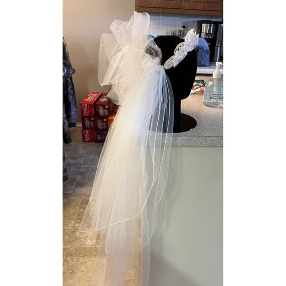 Vintage 1990s Beaded Bridal Headband Veil Cream Tulle Two Tier Mid Length - Picture 11 of 16